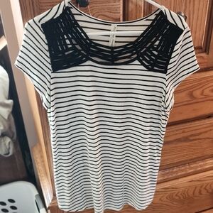 Striped Black & White Women's Tee with Decorative Mesh Yoke
